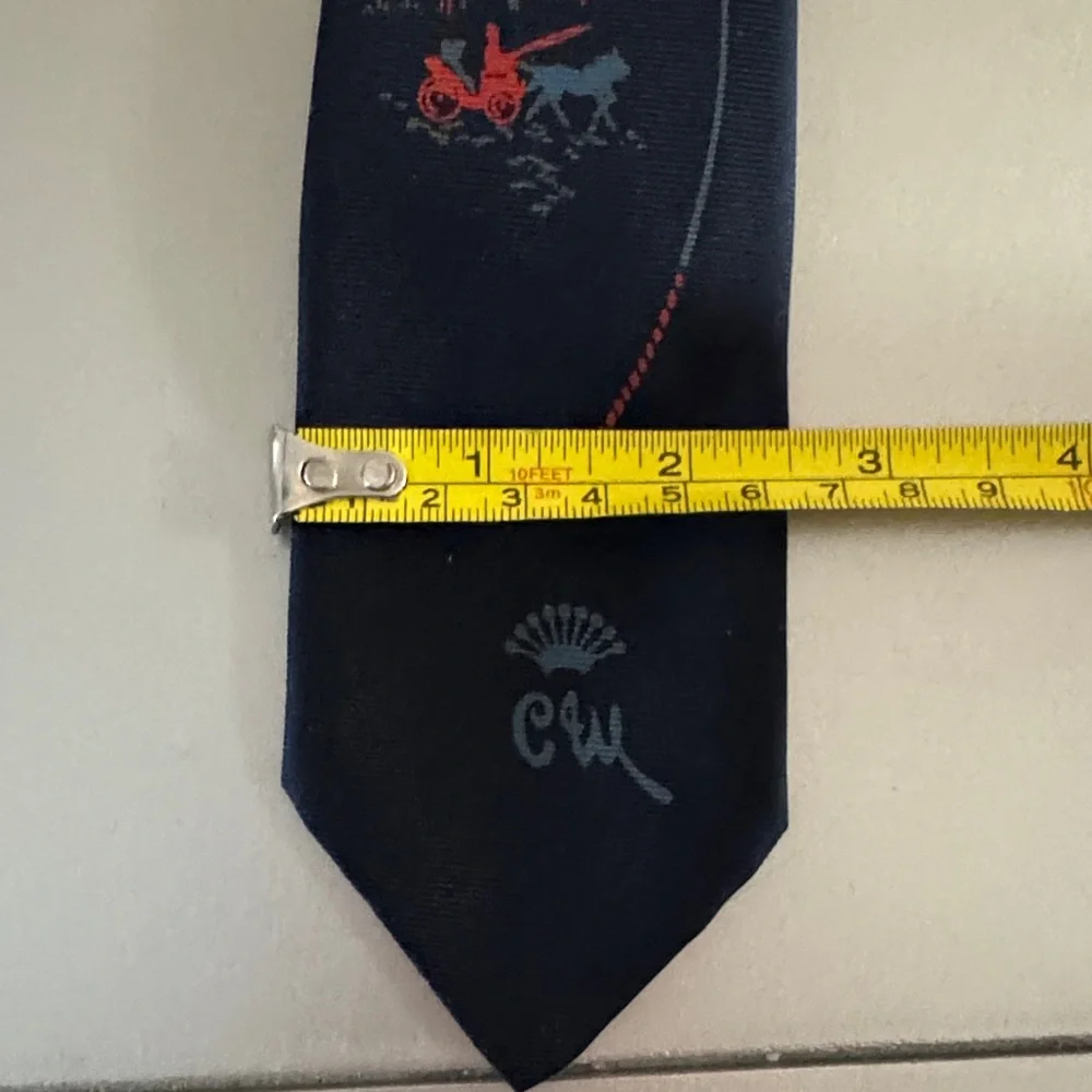 Vintage “Horse and Carriage” Navy Silk Tie with Red Tree and Light Blue Accent